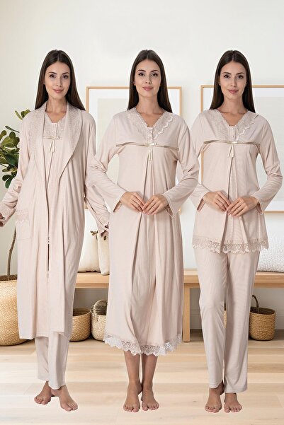 Lohusa Homewear Kadın Vizon Özel Tasarım Uzun Kollu Kışlık Pamuklu Hamile Loh...