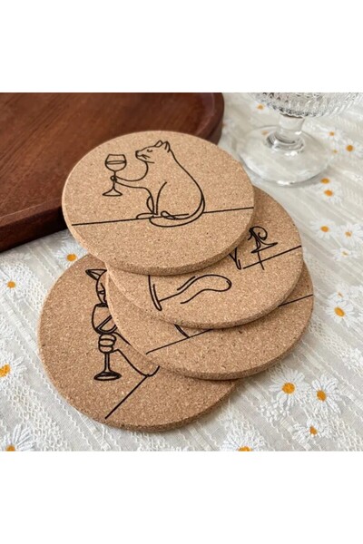 esdekor Catwine 4Pcs Enchanting Cat & Wine Engraved Cork Coasters