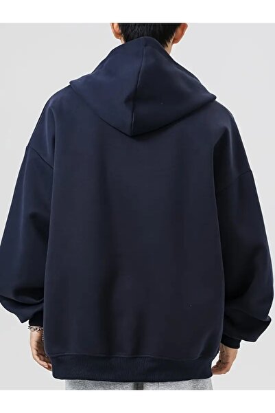 EXPECTED Erkek Lacivert 3 İp Oversize Kapüşonlu Fermuarlı Hırka Sweatshirt Hoodie Şardonlu