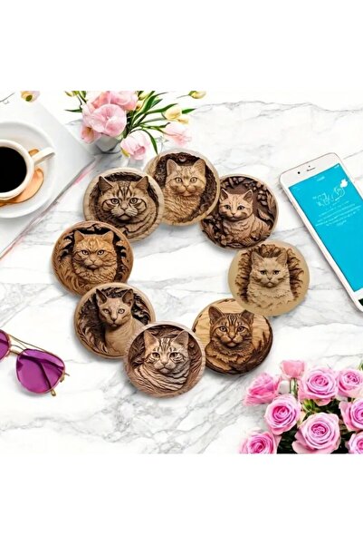esdekor 10X10Cm 8 Piece Cork Coaster Set, Carved Cat Pattern, Hand Washable