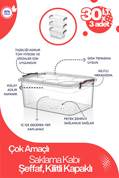 Ayshe Home Concept 3 ADET 30 LT KİLİTLİ ERZAK SAKLAMA KABI ÇOK AMAÇLI DÜZENLE...