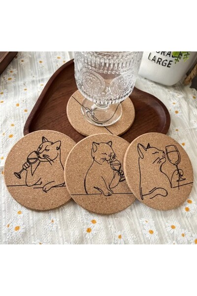 esdekor Catwine 4Pcs Enchanting Cat & Wine Engraved Cork Coasters