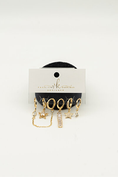 Perry Accesories 6 lı 3 çift zirkon vıp takı kalp kelebek yıldız figürlü çoklu kombin zirkon küpe 14k altın kaplama