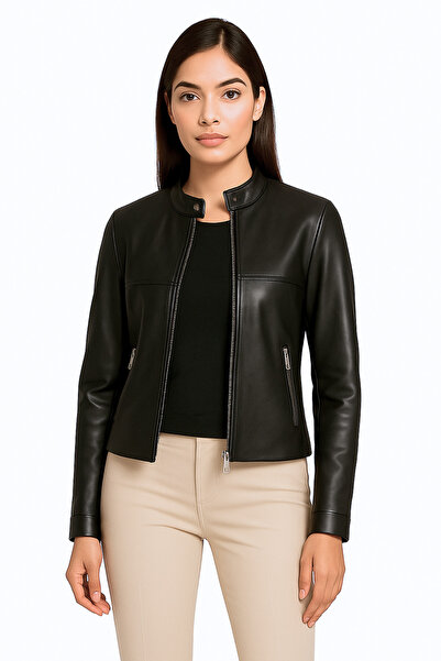 DERİJE معطف فيولا أسود أساسي من الجلد الطبيعي للنساء