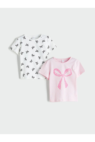 LC Waikiki Gencc Quality Oval Collar Ribbon Detailed Girls' T-Shirt, Pack of 2