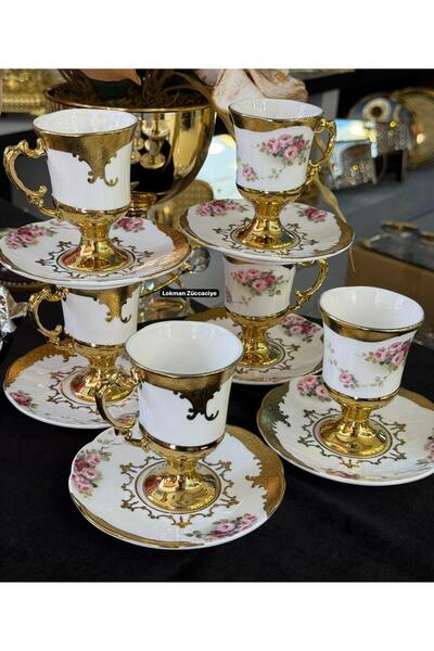LOKMAN ZÜCCACİYE Footed Coffee Cup Set with Embossed Gilded Pattern 90 ml