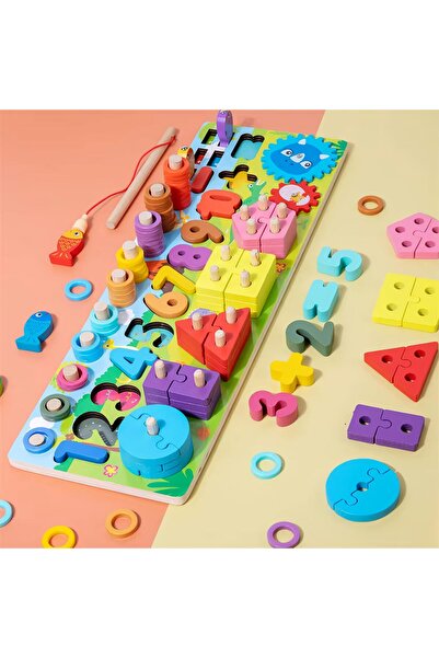 e-life shop مجموعة ألعاب مونتيسوري التعليمية الخشبية 5 في 1 لصيد الأسماك وأرقام الأشكال لتنمية المهارات الحركية