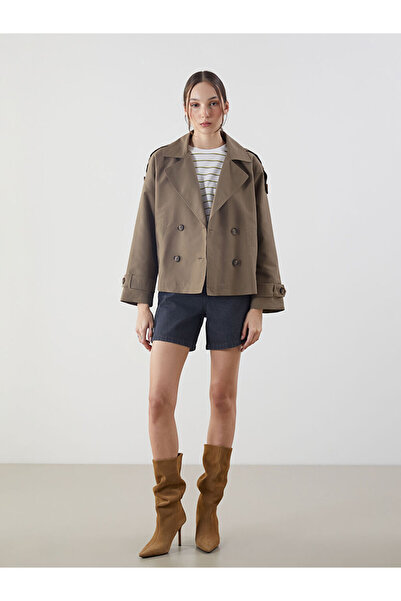 LC Waikiki Khaki Double-Breasted Collar Oversize Women's Trench Coat