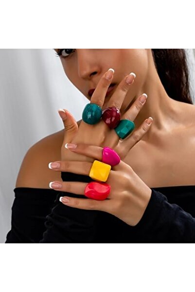 Just Pretty Corner Colorful Resin Rings Set - 6 Pieces - Elegant Vintage Style - Women's Fashion Rings Set - Assorted C