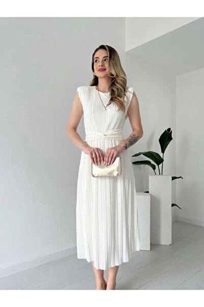 URİS Rochie de vară, albă, elegantă, căptușită, cu talie
