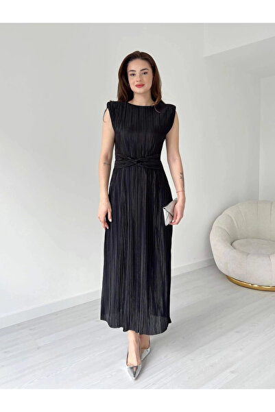 URİS Rochie de vară neagră, elegantă, căptușită, cu talie