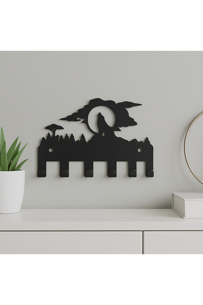 LUNOART Kurt ve Ay Figürlü Metal Anahtarlık Askılığı – Modern Dağ Silueti Tasarım
