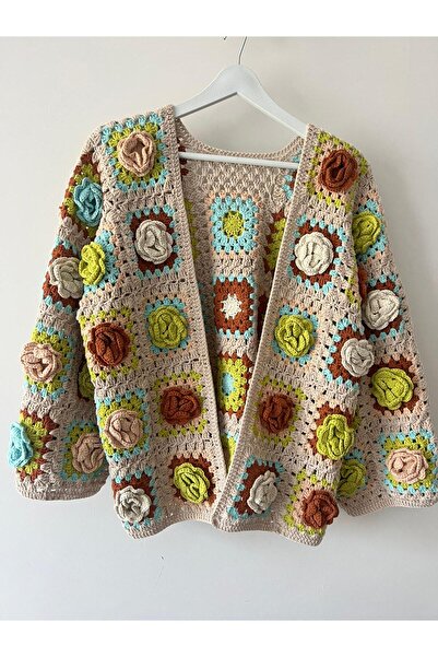 Quezzquality Square Motif Rose Hand Knitted Cardigan Jacket, Compatible with Sizes 36-42