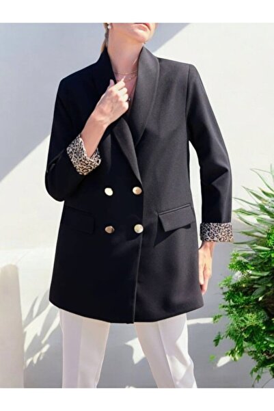 ALPACO Jachetă blazer cu nasturi dublu cu detaliu de buzunar -Negru