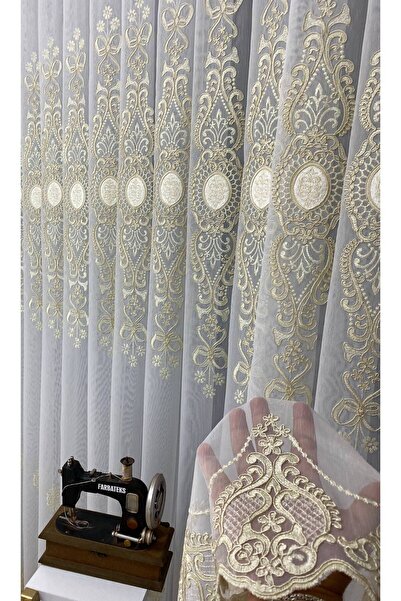 farbateks Ottoman Gold Gold Short Embroidered Living Room 3 Layer Pleated Tulle Curtain