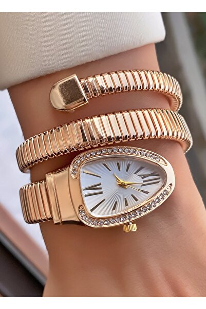 Merand Gold Color White Dial Snake Watch, Wrap Around Watch, Women's Wristwatch