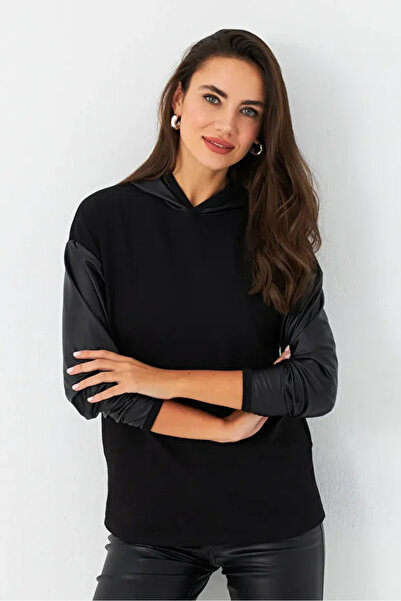 KİM Kİ O Hanorac negru pentru femei cu detaliu de glazură cu glugă