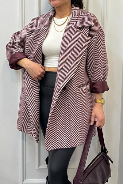 Suziş Krátký kabát s podšívkou v barvě burgundy s vzorem rybí kosti oversize standardní velikosti