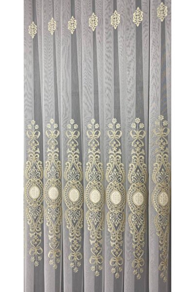 farbateks Ottoman Gold Gold Short Embroidered Living Room 3 Layer Pleated Tulle Curtain