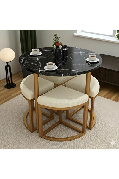 EDMONDA EV AKSESUAR ALARA GOLD METAL YUVARLAK YEMEK MASASI TAKIMI 4 KİŞİLİK BALKON MASASI TAKIMI MUTFAK MASASI