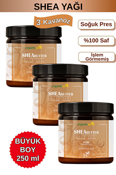 Organicsun Shea Yağı 250 ML x 3 Adet | %100 Ham, Soğuk Pres Shea Butter Karit...