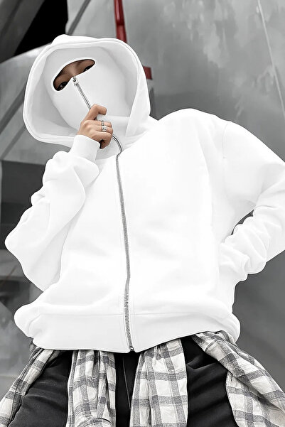 Touz Moda Oversized Zippered White Unisex Hooded Cardigan with Mask Detail