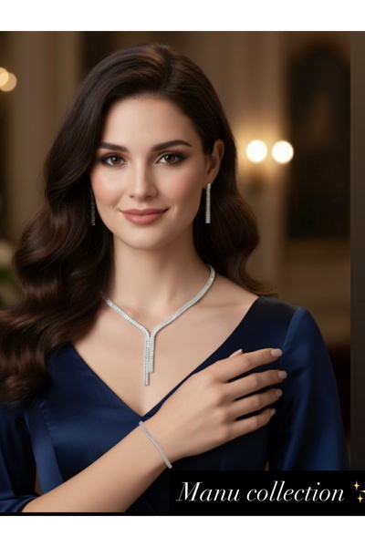 Manu Collection طقم عروس من الفولاذ المقاوم للصدأ باللون الفضي يتكون من قلادة وأقراط وسوار، إصدار محدود