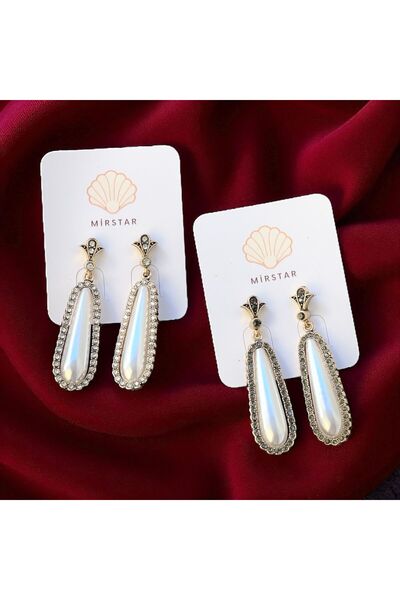MİRSTAR Zircon Stone Covered Mallorca Pearl Bronze Earrings