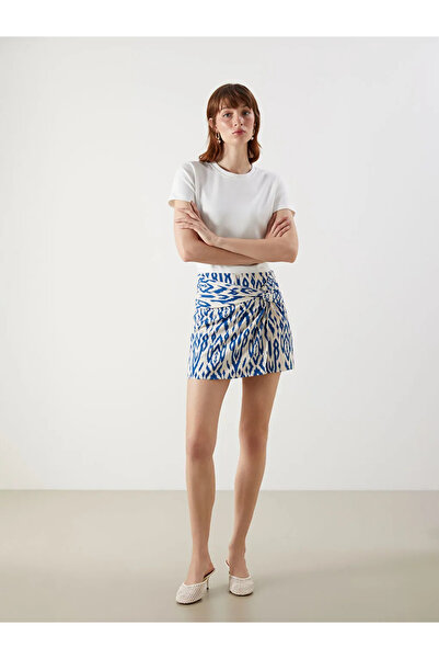 LC Waikiki Blue Patterned Linen Blend Shorts Skirt with Zipper at the Waist