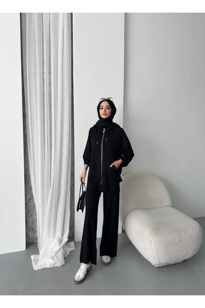 Mogi Butik Women's Modal Combed Oversize Hooded Hijab Tunic Set 3093