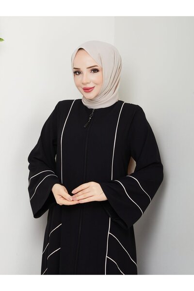 Zeynep Tesettür Çapraz Biyeli Ferace - Siyah/Bej