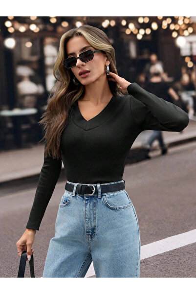 TH COLLECTİON V-Neck Camisole Blouse Black W3817 - XL