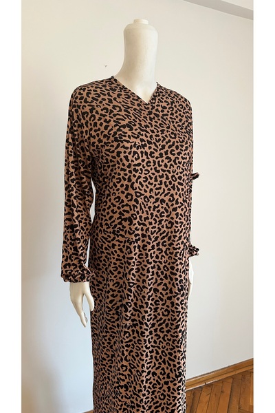 GİZGİYİM Leopard Patterned Combed Cotton Side Tie Prayer Dress Plus Size