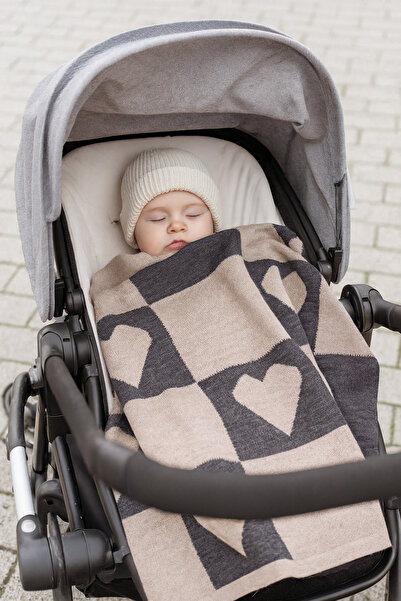 Sebir Moda Heart Patterned Checkered Knitwear Baby Blanket 90X90Cm