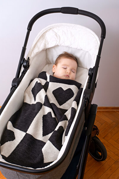 Sebir Moda Heart Patterned Checkered Knitwear Baby Blanket 90X90Cm