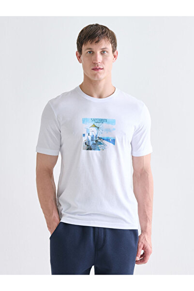 LC Waikiki White Crew Neck Santorini Printed Men's T-Shirt