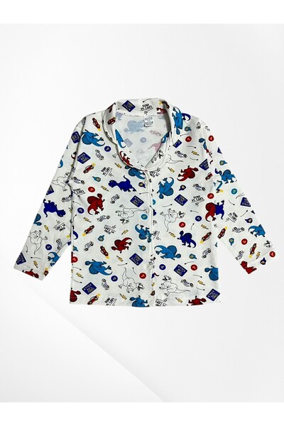 Pajama Shop Boy's 100% Cotton Ecru Dinosaur Patterned Shirt Collar Buttoned Pajama Set