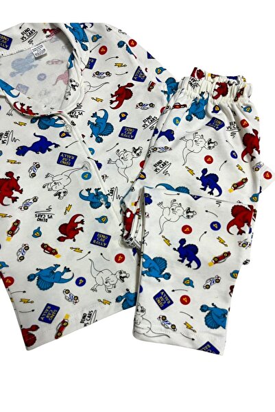Pajama Shop Boy's 100% Cotton Ecru Dinosaur Patterned Shirt Collar Buttoned Pajama Set