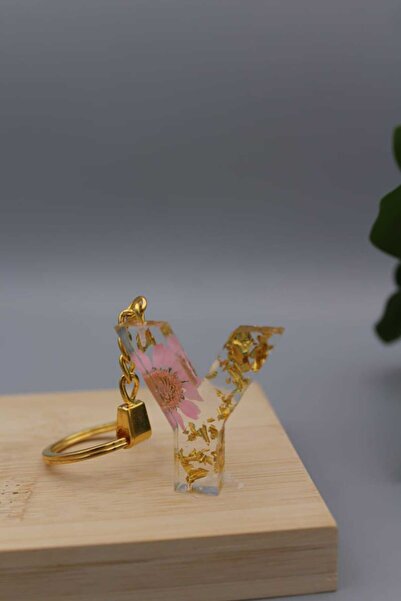 Roza ميدالية مفاتيح مزينة بالورد المجفف وورق الذهب حرف Y من الرزين الفاخر