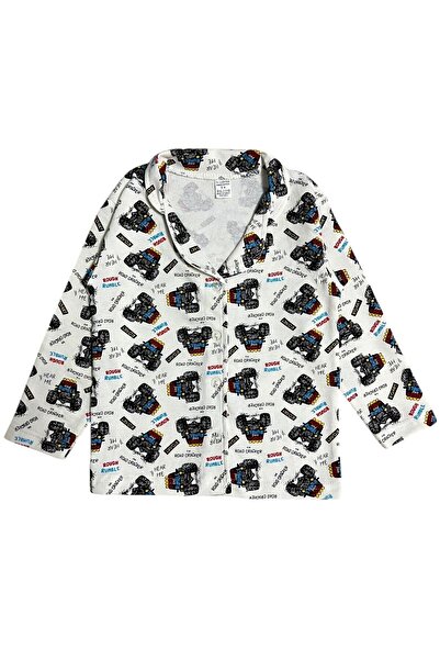 Pajama Shop Boy's 100% Cotton Ecru Monster Cip Patterned Shirt Collar Buttoned Pajama Set