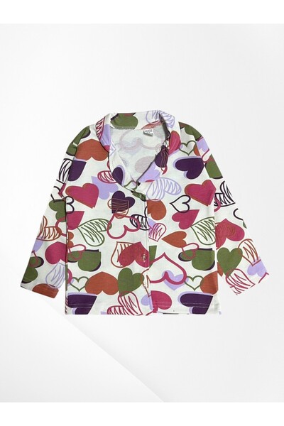 Pajama Shop Girl's 100% Cotton Ecru Colored Hearts Patterned Shirt Collar Buttoned Pajama Set