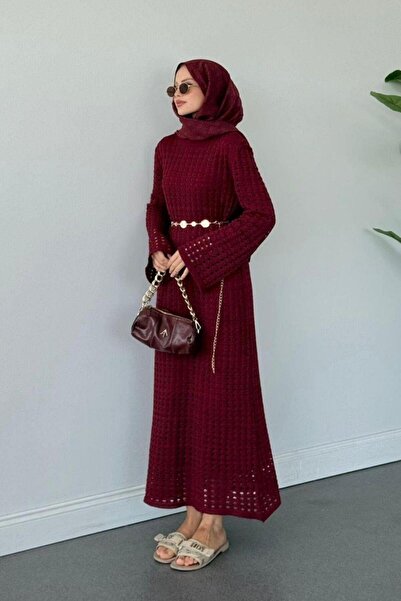 Şulemoda Giyim فستان شبكي من النخيل باللون الأحمر الداكن