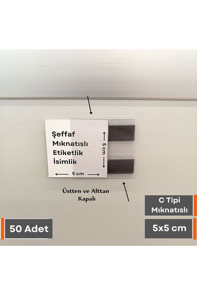Şeffaf Etiket 50 Adet C Tipi Mıknatıslı Magnetli PVC Etiketlik İsimlik (5X5 CM) Dolap Kapakları Karekod Isimlik