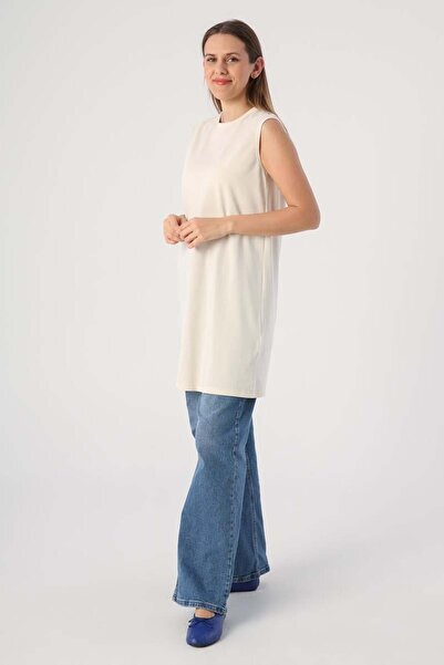 ALLDAY Ecru-Cotton Collared Sleeveless Tunic