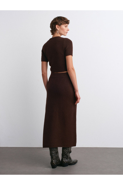 Dilvin 80115 Elastic Waist Knitwear Skirt-Brown