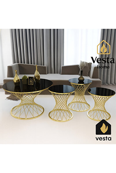 Vesta Home Siyah Cam Hasır Kum Saati Zigon Sehpa Takımı