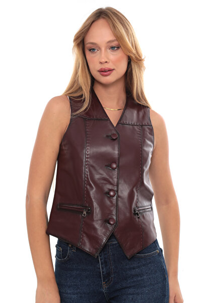 db deriburada original Women's Punto Stitched Buttoned Genuine Leather Vest