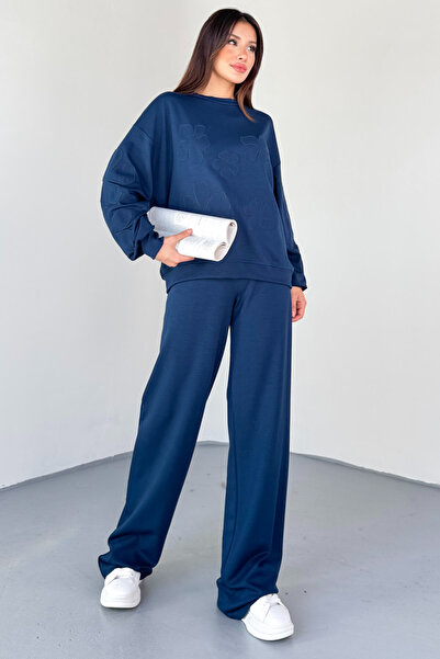 Cappmoda Tkm-13335 Navy Blue Flower Patch Modal Fabric Double Set