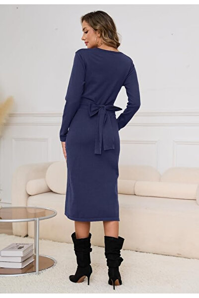 OEM Rochie casual tricotată pentru femei, peste genunchi, cu mâneci lungi, albastră, mărimea S