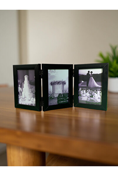 Wooden Factory Desktop 3-Panel Black Photo Frame - 10X15 Foldable Decorative Frame